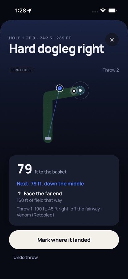 After a drive that bent round the corner: 79 feet to the basket, walking out to the next throw